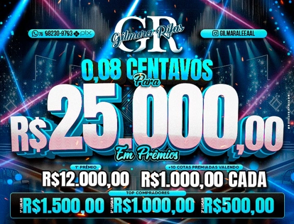 0,08 CENTAVOS PARA R$25.000,00 MIL REAIS QUINTA FEIRA 23h 